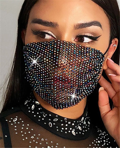 Multicolour Rhinestone Mesh Face Mask, Bling, Diamond, Crystal